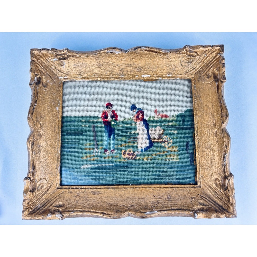 Antique Folk Art Angelus Millet Farming Embroidered Picture Ornate Framed